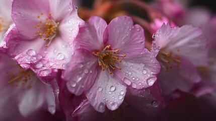 Fototapeta premium Cherry blossom flowers with water droplets