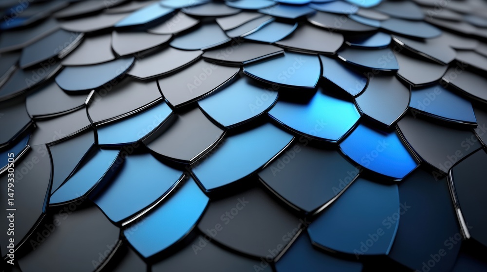 Aufkleber Abstract modern surface pattern with overlapping shiny hexagonal tiles in shades of blue and black creating a futuristic textured background
