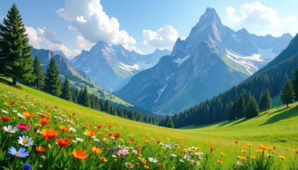Serene alpine meadow nestled amongst towering mountain peaks, wildflowers in bloom , adventure, majestic