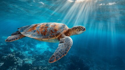Obraz premium Endangered Hawaiian Green Sea Turtle gliding through ocean waters, a serene glimpse of marine conservation in action 