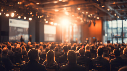Business conference interior with audience attentively listening to speaker on stage, warm lighting, blurred background, 