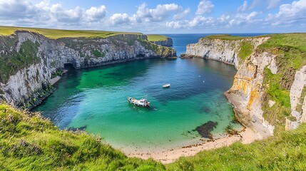 Scenic Irish Coastline View with Boats, Cliffs, and Emerald Green Water