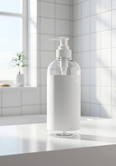 Clear pump bottle on white countertop in a bright bathroom