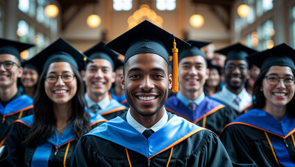 Obraz premium Joyful graduates wearing caps and gowns smile, celebrating their academic success together.