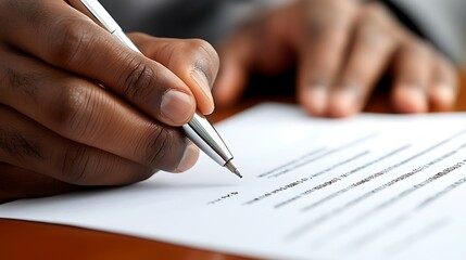 Signing a Document on a Wooden Desk, Close-up of a person's hands signing a document with a pen on a wooden desk