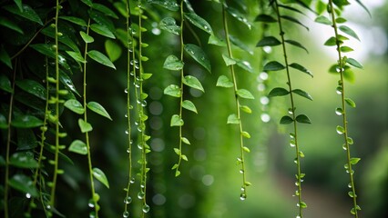 Rainforest Ecosystem flora pristine Concept. Lush green vines with water droplets glistening in soft light.