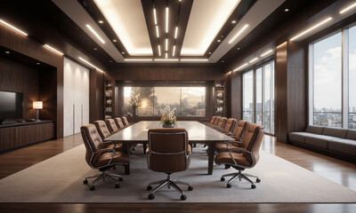 Fototapeta premium Sophisticated office with a large glass conference table, leather chairs, and polished wood accents. Integrated lighting systems provide ambient illumination, with task lighting