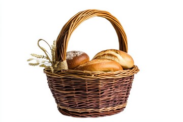 Wicker basket filled with freshly baked bread rolls