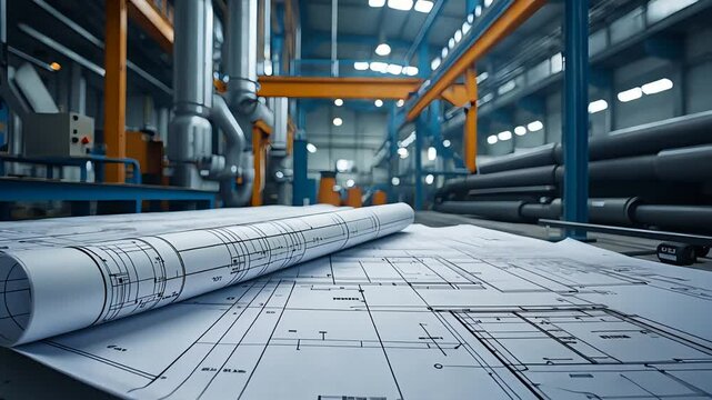 Industrial factory interior with detailed engineering blueprints on table in foreground, surrounded by machines, pipes, and steel structures

