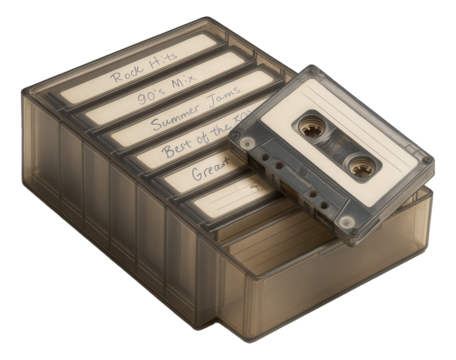 Vintage cassette tapes arranged in a plastic case with handwritten labels, evoking a sense of nostalgia for analog music on transparent background.