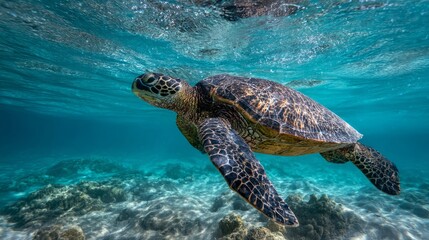 Obraz premium Endangered Hawaiian Green Sea Turtle gliding through ocean waters, a serene glimpse of marine conservation in action 