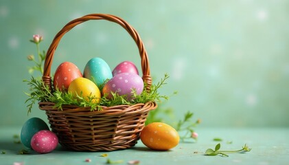 Naklejka premium Vibrant, colorful Easter eggs in a basket, ready for a hunt , celebration, spring celebration, colorful