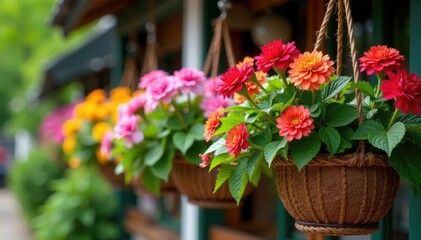 Vibrant hanging baskets overflowing with colorful flowers and lush greenery , thriving, gardening