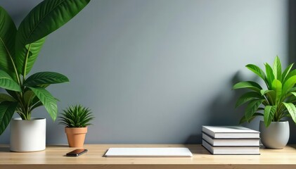 Fototapeta premium Muted gray backdrop, organized workspace, files, plants , home office, modern, style