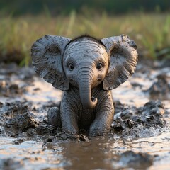 Fototapeta premium Adorable baby elephant in mud puddle