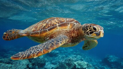 Endangered Hawaiian Green Sea Turtle gliding through ocean waters, a serene glimpse of marine conservation in action

