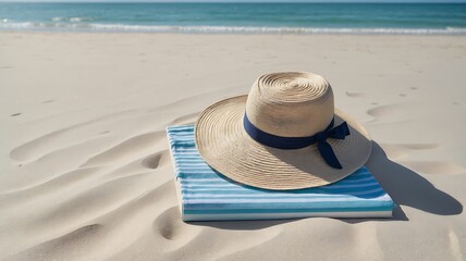 Still Life Of Straw Hat With Blue Ribbon Atop A Blue Striped Towel On A Sandy Beach Scene