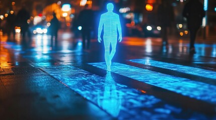 Fototapeta premium A futuristic smart crosswalk with AI-controlled holographic pedestrian warnings 