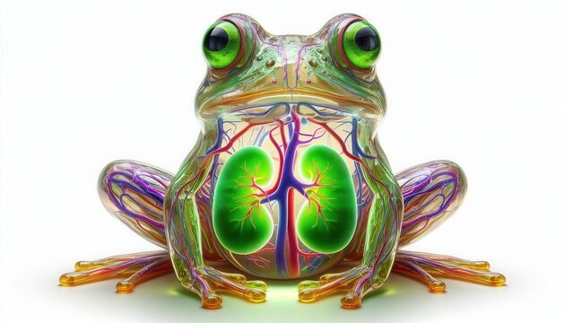 Anatomical frog dissection illustration scientific study educational content laboratory environment close-up view biology concept