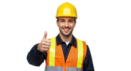 Potrait of construction worker wearing yellow construction helmet and orange reflective safety vest, smiling and giving a thumb-up, isolated on transparent background, cut out png 