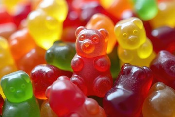 A colorful pile of gummy bears, various shapes and colors , chewy candy, bear shaped candy