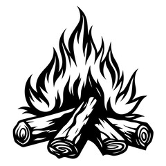 Monochrome illustration of a campfire with burning logs creating a mesmerizing blaze