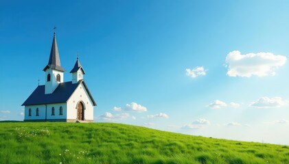 Fototapeta premium Serene blue sky above a peaceful church Perfect for religious, spiritual, or inspirational projects , sun, bright, hope