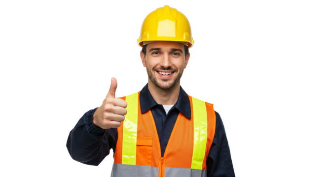 Potrait of construction worker wearing yellow construction helmet and orange reflective safety vest, smiling and giving a thumb-up, isolated on transparent background, cut out png 