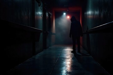 A shadowy figure lurking in a dimly lit hallway, a sinister presence implied , evil, ominous