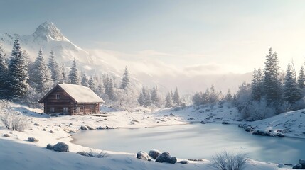 Cabin by Frozen Lake in Winter Mountain Landscape with Snow