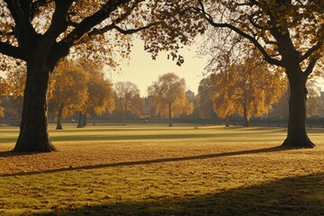 Golden autumnal park scene at sunrise