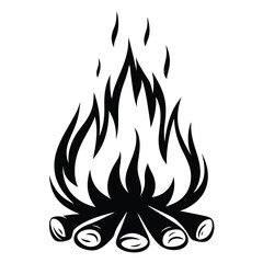 Black and White Campfire Illustration Burning Brightly with Logs and Flames