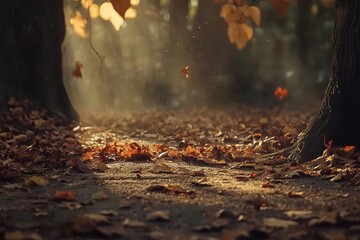 Sunlit autumn path with falling leaves