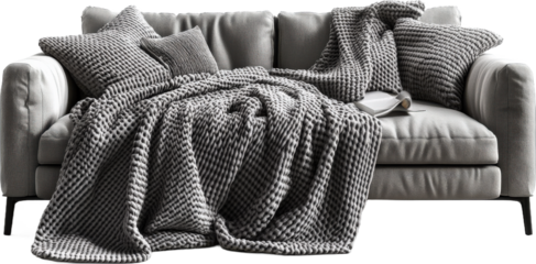 Modern Gray Sofa with Textured Throw Blanket