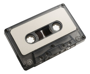 Obraz premium Classic audio cassette tape with transparent shell and white label showcasing analog music format on transparent background.
