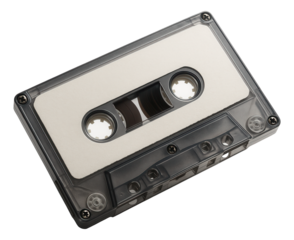 Classic audio cassette tape with transparent shell and white label showcasing analog music format on transparent background.