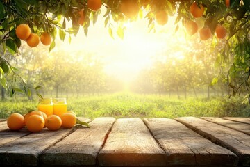 Sunlit orchard with fresh oranges and juice