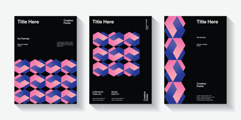 Corporate report cover. Isometric abstract illustration design layout bundle. Business presentation vector A4 vertical orientation front page mock up set. Company identity brochure 