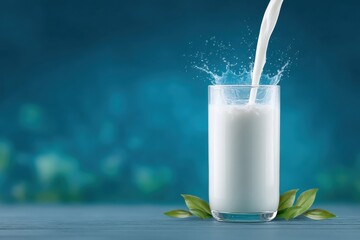 Premium milk ad concept with pure white carton pack, stylish hand pouring milky liquid into transparent glass, bright blue background and natural green at the base, 