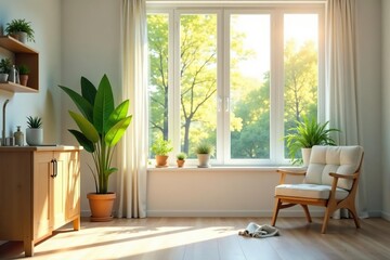 Fototapeta premium Bright sunlight streams into a sparkling clean home, showcasing freshly cleaned windows and surfaces Spring cleaning complete!, sunlight, domestic