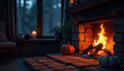 Cozy fireplace glowing warmly at night, embers smoldering , warm, orange, peaceful