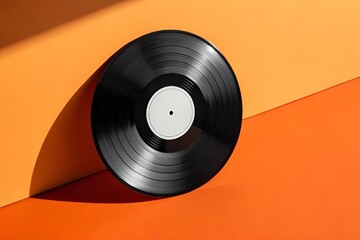 Glossy Black Vinyl Record on Orange Background – Bold Minimalist Retro Design