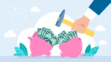 Businessman breaking piggy bank with hammer. Piggy Bank and Money. Financial crisis, Bankruptcy, investment failure. Depressed poor man in need of money. Vector Illustration