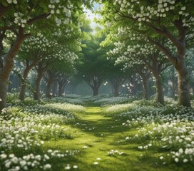 Obraz premium Lush green canopy, carpet of white blossoms, butterflies dancing , detail, butterflies