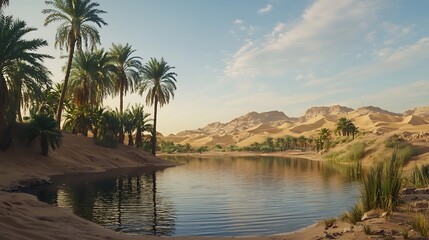 Desert Oasis with Palm Trees and Mountains Reflecting in Still Water