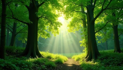 Obraz premium Sunlight dappling through lush green forest canopy , flora, trees, growth