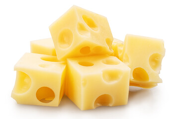  Emmental cheese cubes isolated on white background. File contains clipping path.