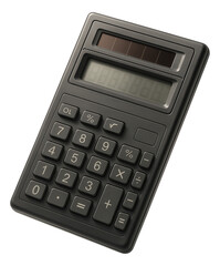 Black solar-powered calculator with numeric keypad and basic function buttons on transparent background.