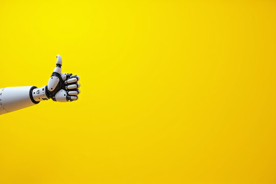 Robot hand showing thumbs up gesture isolated on yellow background. Collaboration between humans and artificial intelligence. AI