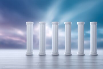 Realistic HD photo of six symmetrical Greek columns rising through radiant white clouds under a vibrant blue sky with beams of god light shining through, 